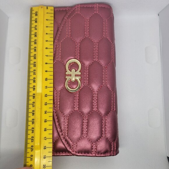 Women's Wallet Faux Leather Long Card Holder Pockets Quilted Look Rose Pink Gold - Picture 7 of 9
